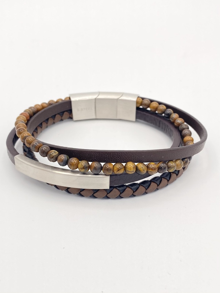 Bracelet cuir 3 brins et oeil de tigre fermoir acier