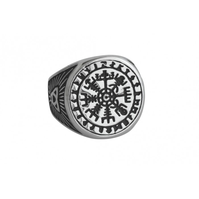 Bague acier boussole viking et triquetra